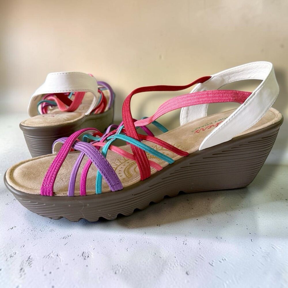 Skechers White Multi Gore Sling Back Wedges Parallel Strappy Memory Foam Sz 8.5